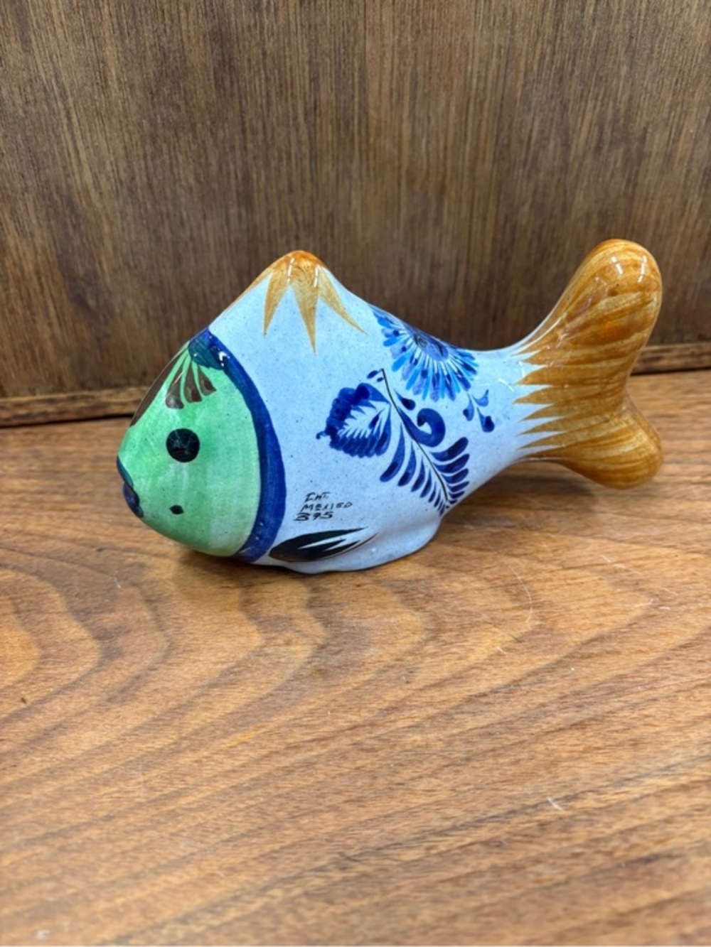 Hand-Painted Ceramic Fish Figurine - Blue, Green & Gold